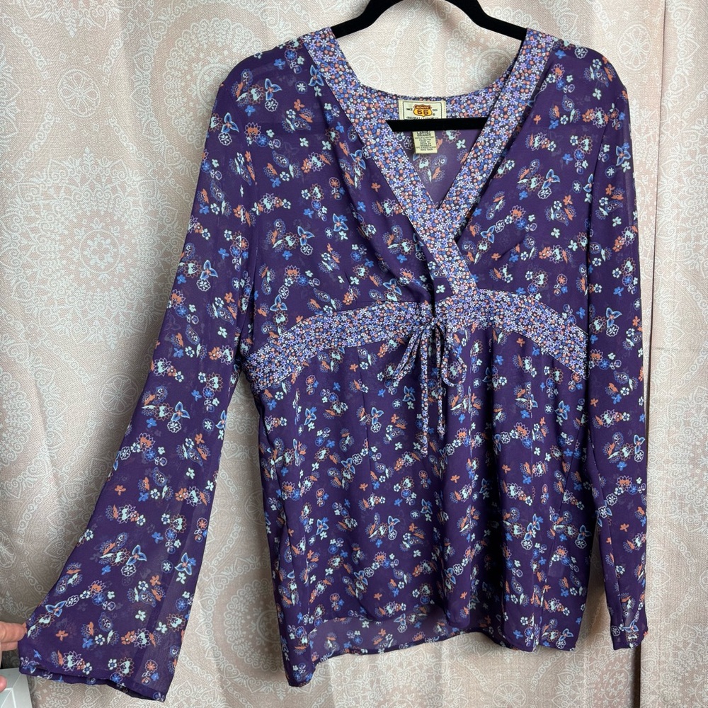 Vintage NWT 90s Y2K Route 66 Purple Floral V-Neck Babydoll Sheer Blouse Sz Large